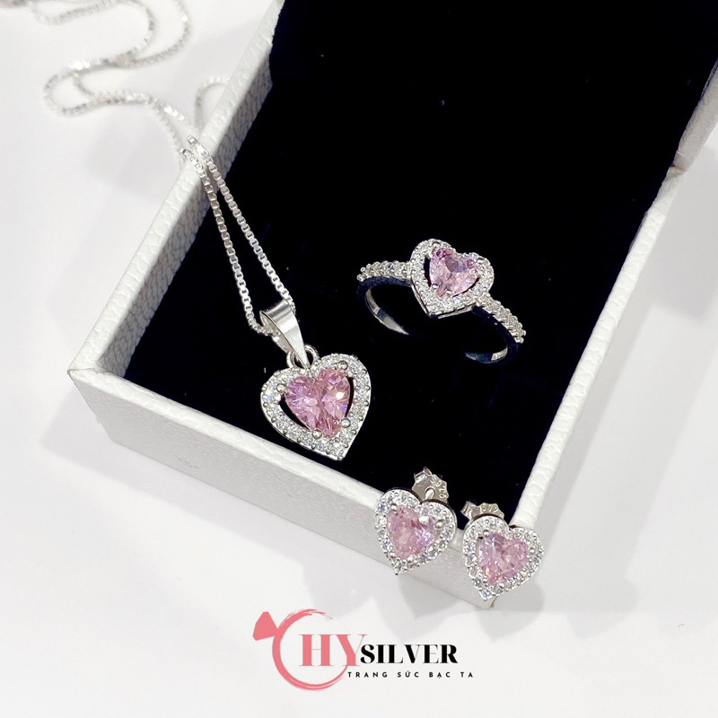 Set trang sức bạc CHT SILVER hình trái tim màu hồng bạc thật