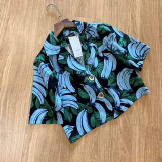 Áo crop cổ vest vải linen họa tiết