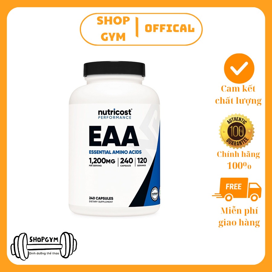 Viên uống Nutricost EAA 1200mg - Essential Amino Acids hỗ trợ phục hồi cơ bắp, tổng hợp protein - Sh