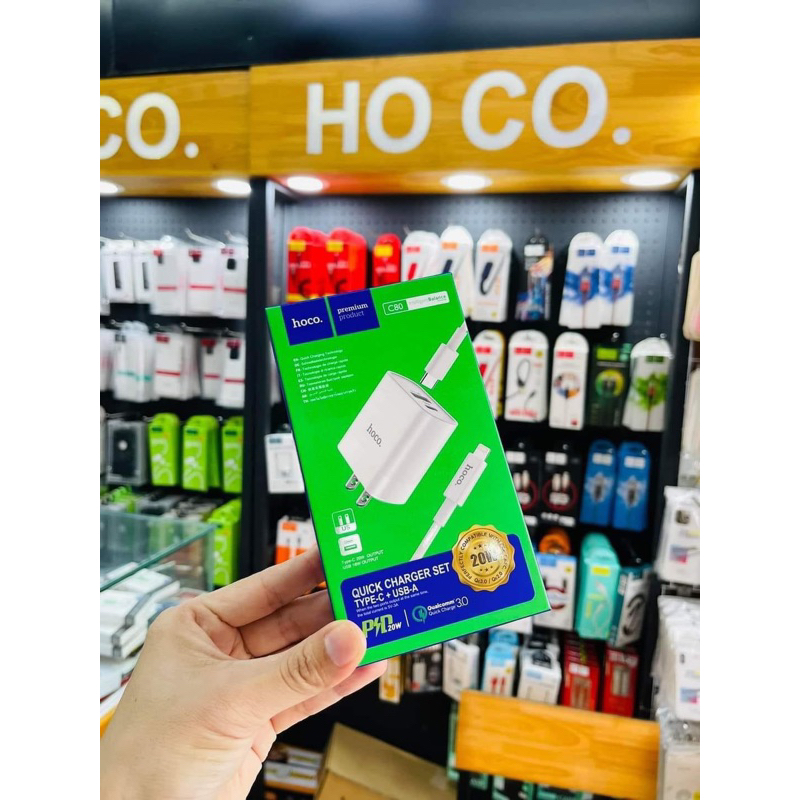 Bộ sạc Hoco chính hãng C80 và cáp PD 20W , 2 cổng sạc USB và Type-C (PD), chuẩn PD3.0, sạc nhanh 3A,