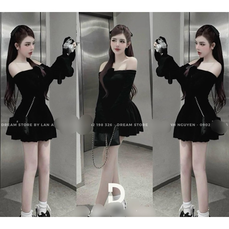 Set đầm trễ vai body tay dài ống loa kèm quần đùi, set kiểu nữ màu đen thun co giãn phối hoa tôn dáng mùa hè G793