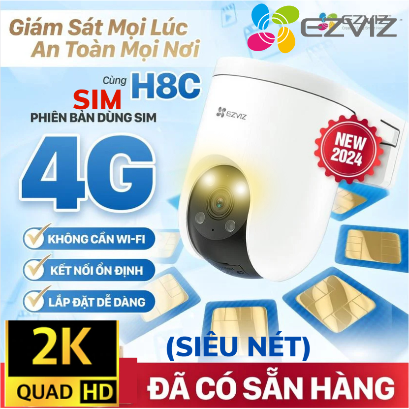 Camera Wifi Ngoài Trời Xoay EZVIZ H8C DÙNG SIM 4G 4M 1080P Còi Hú Báo Động, Đàm Thoại, MÀU ĐÊM
