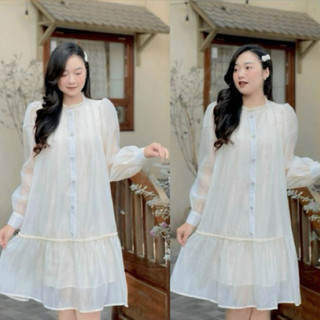 Váy bầu thiết kế - váy bầu dài tay thu đông thiết kế đi tiệc, đi chơi voan 2 lớp xinh xắn