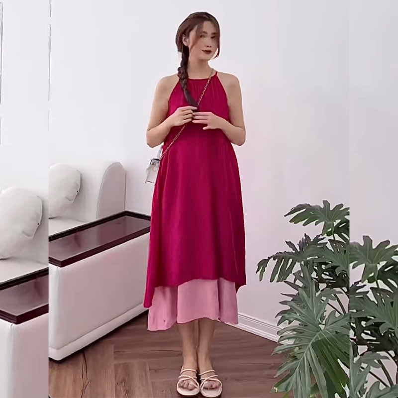 Váy Cổ Yếm Phối Màu 2 Tầng Đuôi Cá Form Xoè Rộng Nhiều Màu Chất Mát Phối Màu Dáng Suông Maxi Đi Biển Siu Xinh | BigBuy360 - bigbuy360.vn