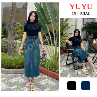 Chân váy jean dài YUYU cạp cao dáng dài qua gối, váy bò xẻ trước dáng chữ a thanh lịch mặc đi làm, đi chơi D12