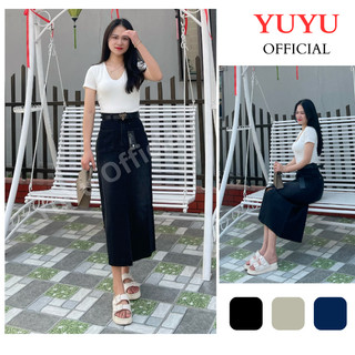 Chân váy jean nữ dài YUYU xẻ tà trước, chân váy bò dài cạp cao dáng chữ A phong cách ulzzang D13