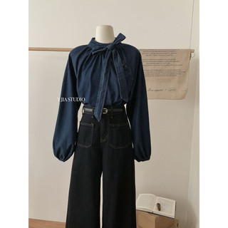 Áo Sơ Mi Jean Denim Phối Nơ QCCC