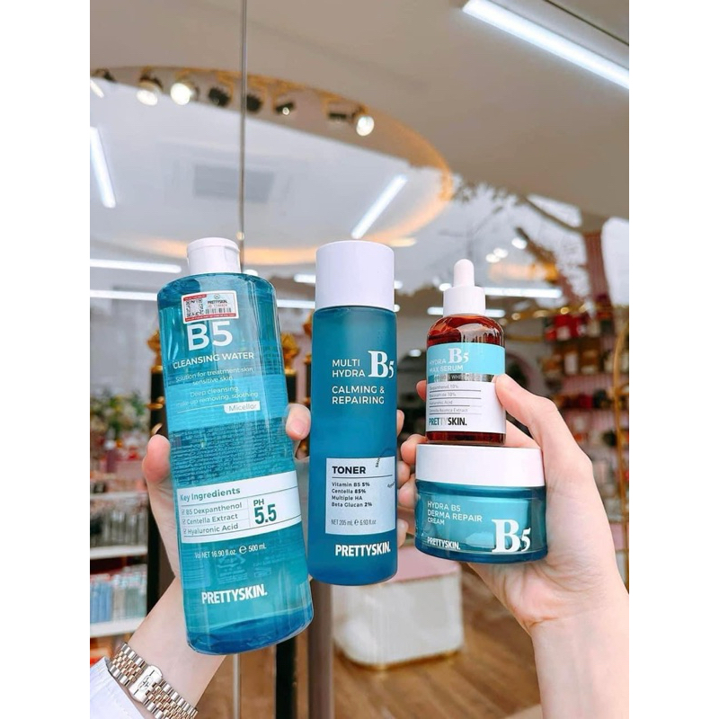 [Bộ b5 prettyskin] Combo chăm sóc da Nước tẩy trang B5, Toner B5, Kem dưỡng B5, Serum B5 | Ngọc Lan Coómetics