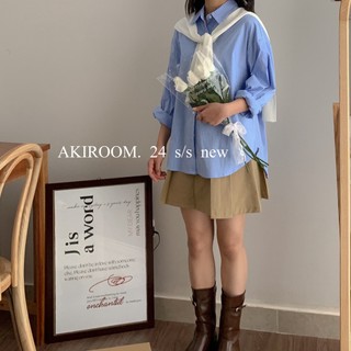 𝐀𝐊𝐈𝐑𝐎𝐎𝐌 | áo sơ mi thô kẻ sọc dọc đôi 6005 màu xanh dương