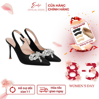Giày Sandal Hở Gót Bít Mũi Trơn In Vân Nổi 3D ĐÍNH NƠ Gót Nhọn 9cm, Sandal Nữ Cao Gót 9 Phân Mã EE21M