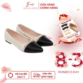 Giày Đế Bệt Emily Giày Búp Bê Đế Bằng Mũi Nhọn Da Lì Phối Dạ Tweed Đính Xích Thanh Lịch Da Mềm Êm Chân - EB28M