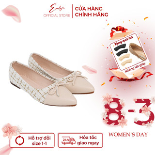 Giày bệt Emily Giày Búp Bê Đế Bằng Mũi Nhọn Da Lì Phối Dạ Tweed Đính Nơ nhỏ Basic Thanh Lịch Da Mềm Êm Chân - EB29M