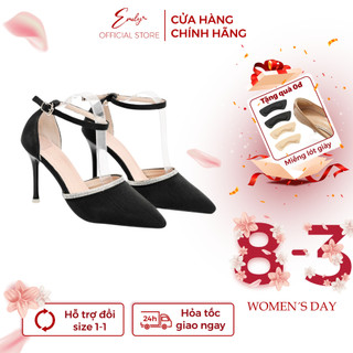 Giày Cao Gót Emily Mũi Nhọn Giày Công Sở Bít Mũi Đế Cao 7 Phân Đính Đá, Vải Lụa Gân Cao Cấp Form Rộng  - ETG10M