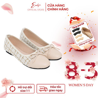 Giày Bệt Nữ Emily Giày Búp Bê Đế Bằng Mũi Tròn Da Mềm Phối Dạ Tweed Đính Nơ nhỏ Thanh Lịch - EB24M