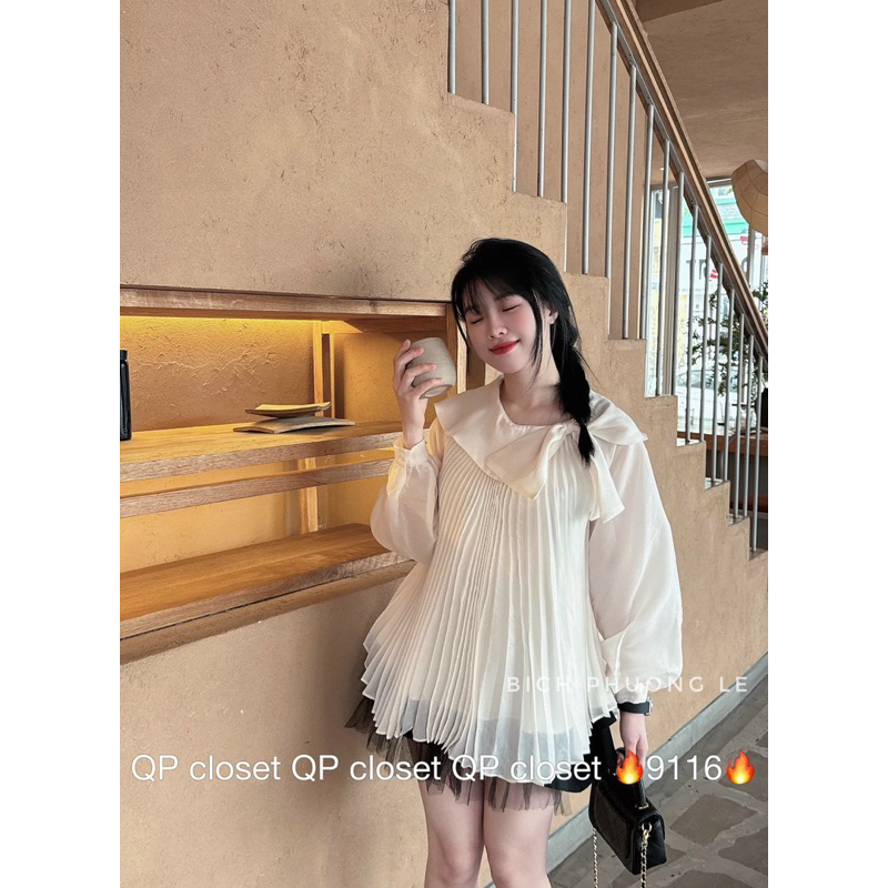 Áo tơ dập ly cổ nơ QP