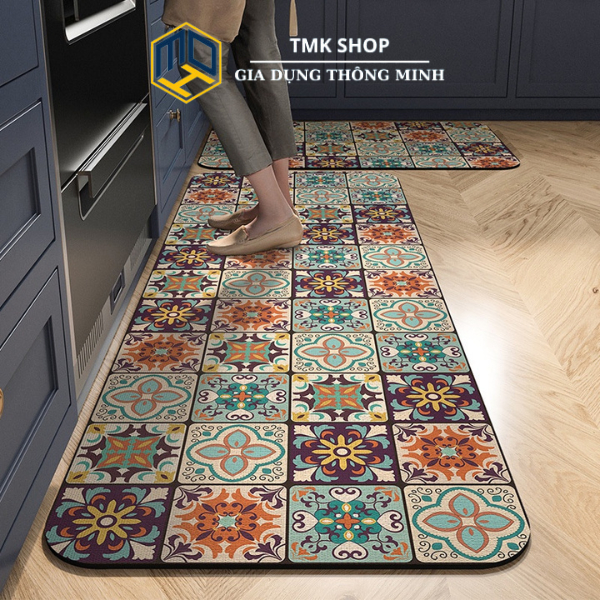 Bộ 2 thảm lau chân nhà bếp, thảm chùi chân trải sàn phòng khách, phòng tắm 3D chống trượt cao cấp đế cao su TMK Shop