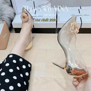 Giày cao gót mũi nhọn cao 9 phân quai trong đính nơ hoa đá hot 2024 THÚY GIÀY VINA STORE mã B12