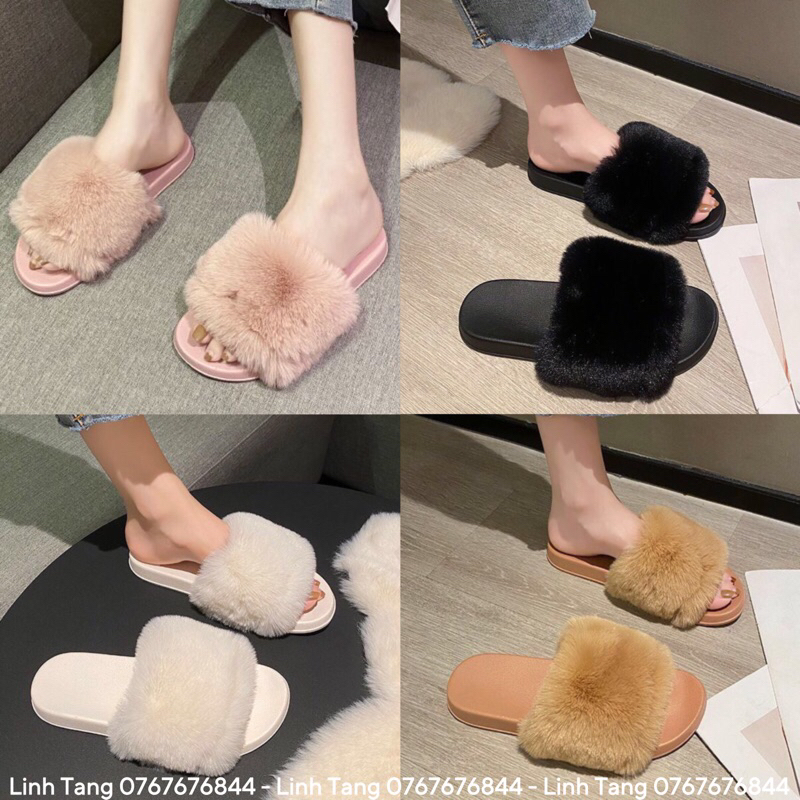 Dép quai ngang lông xù cao cấp có bigsize 36-41, Women Furry Slides Fuzzy Slippers Fluffy Sandals
