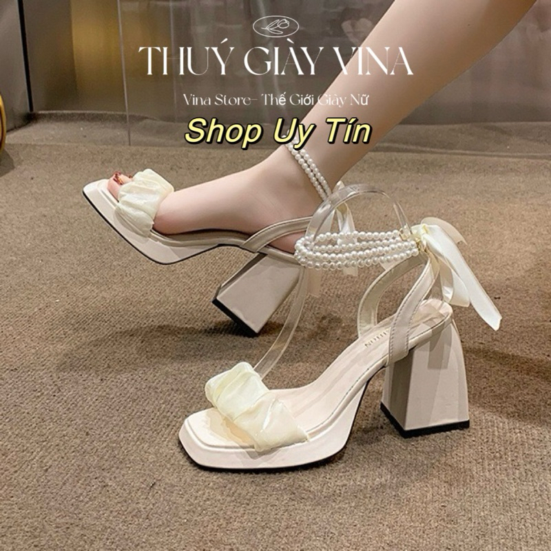 giày sandal cao gót quai nhún thắt nơ ngọc 9 phân cho nữ mặc áo dài chụp kỷ yếu hot 2024 THUÝ GIÀY VINA STORE mã DUP002