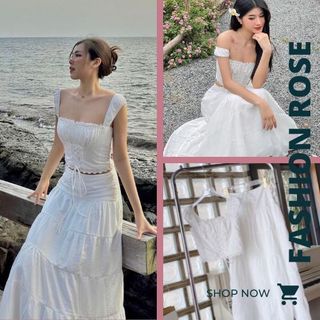 Đầm Maxi Nữ Dáng Dài Đi Biển, Váy Maxi Mùa Hè Mặc Đi Biển Dáng Xòe Áo Croptop Bo Thun 2 Dây Kèm Chân Váy Xòe Midi