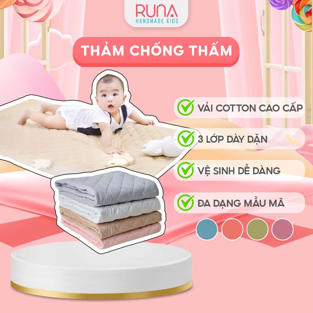 Thảm chống thấm cho bé RUNA KIDS Cotton Hàn 100% chần bông thấm hút tốt thoáng mát an toàn cho bé