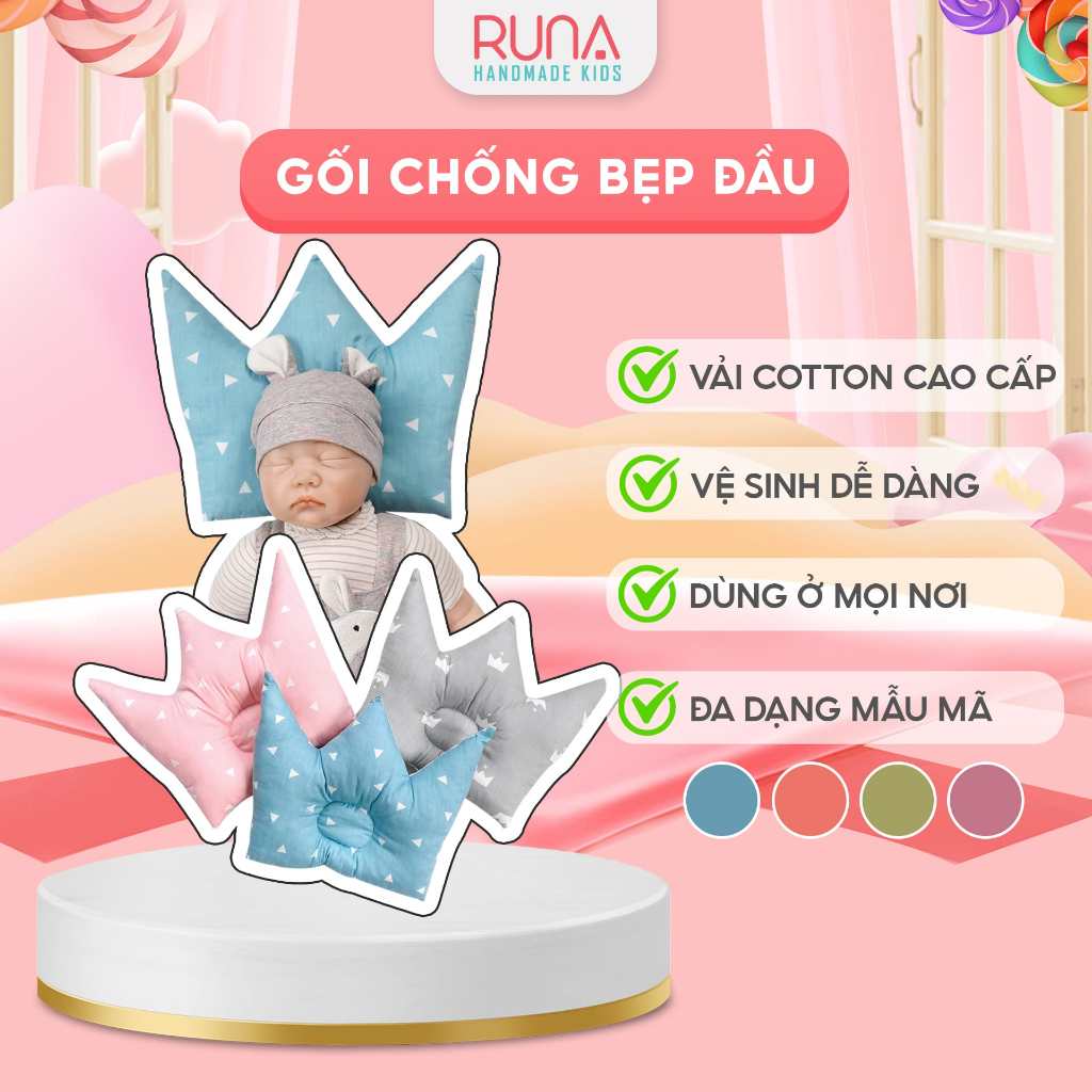 Gối lót chống bẹp đầu cho trẻ sơ sinh RUNA KIDS Cotton Hàn 100% hình vương miện đáng yêu mềm mịn giúp bé ngủ ngon