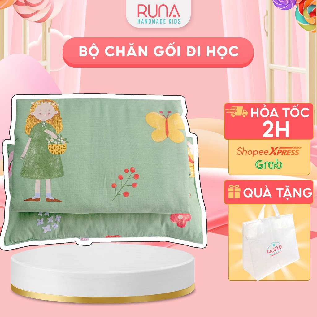 Chăn gối đi học cho bé Tiểu Học Runa Kids chất liệu Satin cotton cao cấp thoáng mát an toàn cho làn da của bé