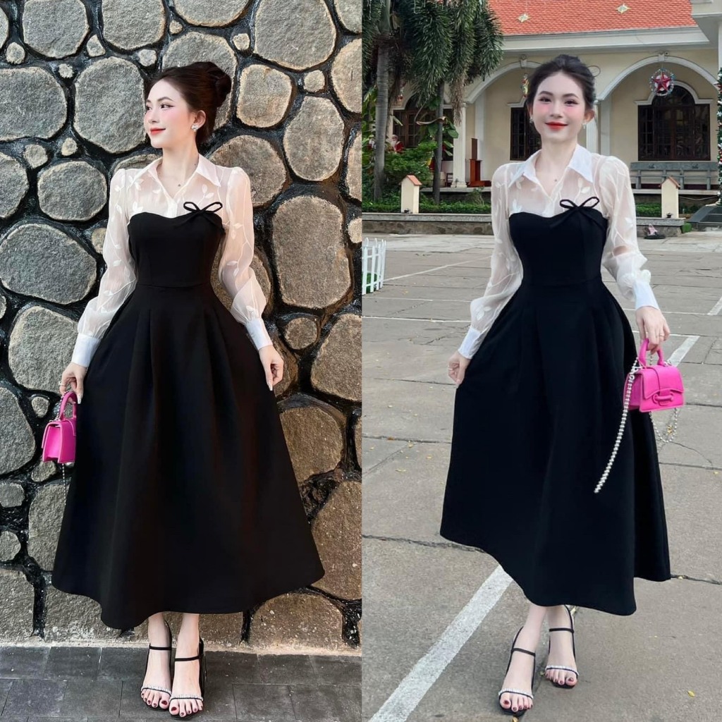 Đầm váy nữ xòe dáng dài phối ren hoa với tone màu trắng - đen xinh xắn dành cho các nàng diện đi chơi, dự tiệc siêu xinh