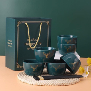 Bộ 6 bát sứ xanh hình hươu kèm 6 đôi đũa