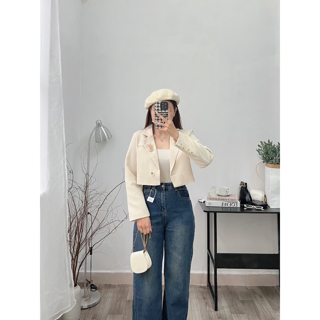 Áo Blazer nữ tay dài dáng ngắn croptop kèm tag phối đồ cực xinh phong cách Hàn Quốc