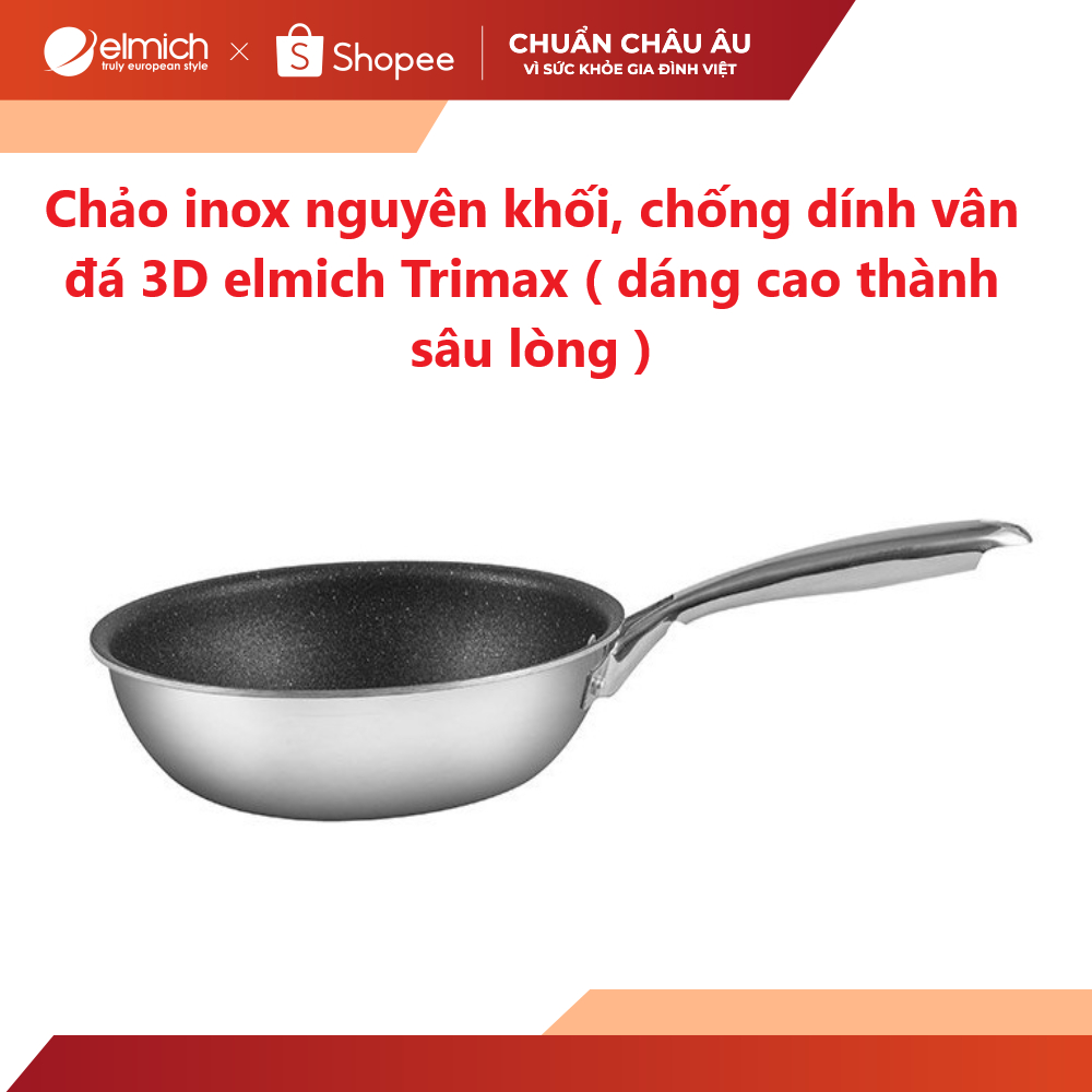 [LIFEMCMBP4 -12% đơn 250K] Chảo inox nguyên khối, chống dính vân đá 3D elmich Trimax EL2415OL size 20cm