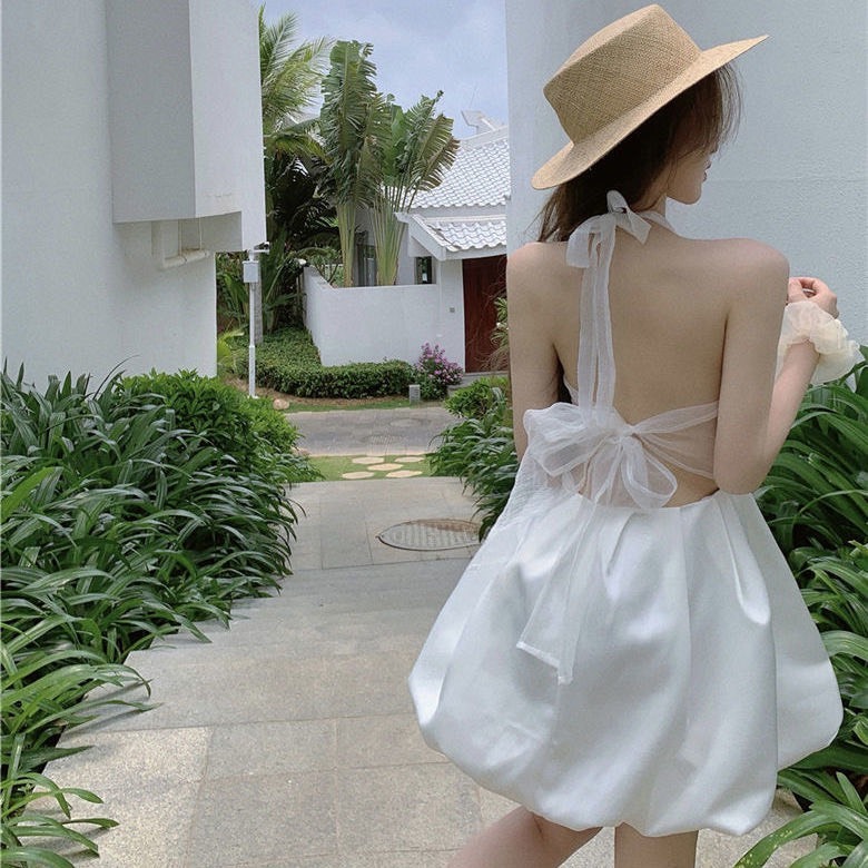 Đầm váy công chúa đi biển hở lưng dáng ngắn phối ren nơ, đầm váy nữ thiết kế Quảng Châu quyến rũ xu hướng Hàn SP139 | BigBuy360 - bigbuy360.vn