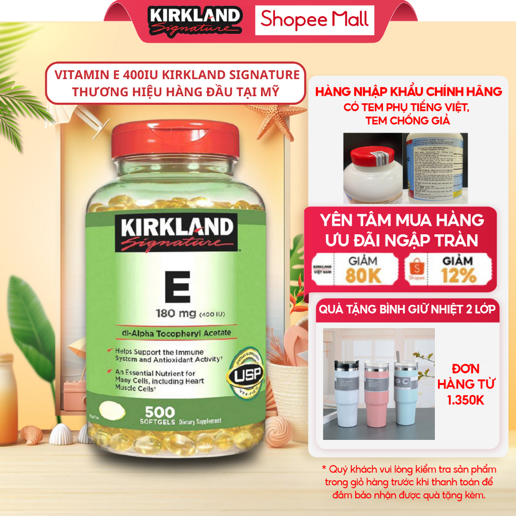 Vitamin E Kirkland Signature 400 IU của Mỹ lọ 500 viên hỗ trợ làm đẹp, dưỡng ẩm cho da