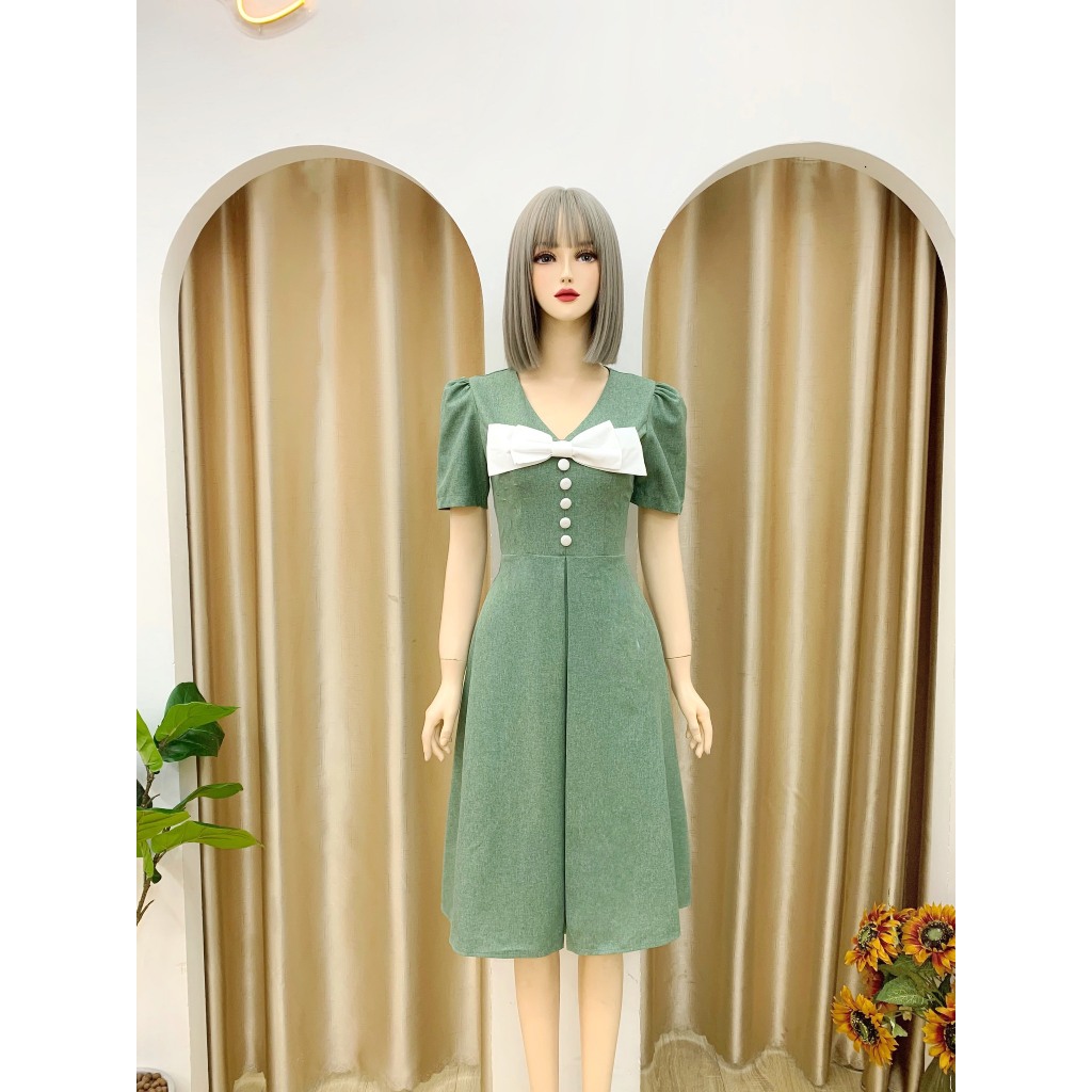 Đầm công sở Nhật Vy cổ V nút bọc đính nơ form dáng xoè tay ngắn chất linen phù hợp đi chơi dạo phố thanh lịch - D2976
