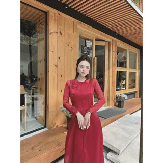 Bộ Áo Dài Cách Tân Châu Dương Dáng Truyền Thống  Xẻ Tà Trước Đính Ren 3D Hàng May Sẵn