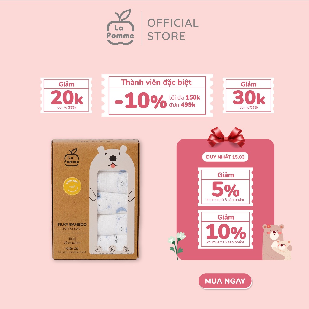(DUY NHẤT 15/3 - MUA 3 GIẢM 5%, MUA 5 GIẢM 10%) K001 Set 5 Khăn sữa sợi tre lụa La Pomme phối màu (30x30cm)