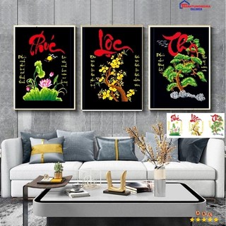 Tranh đính đá LV099 (1m47 x 69cm), tranh thêu chữ thập phúc lộc thọ DV6510 (1m22 x 58cm)
