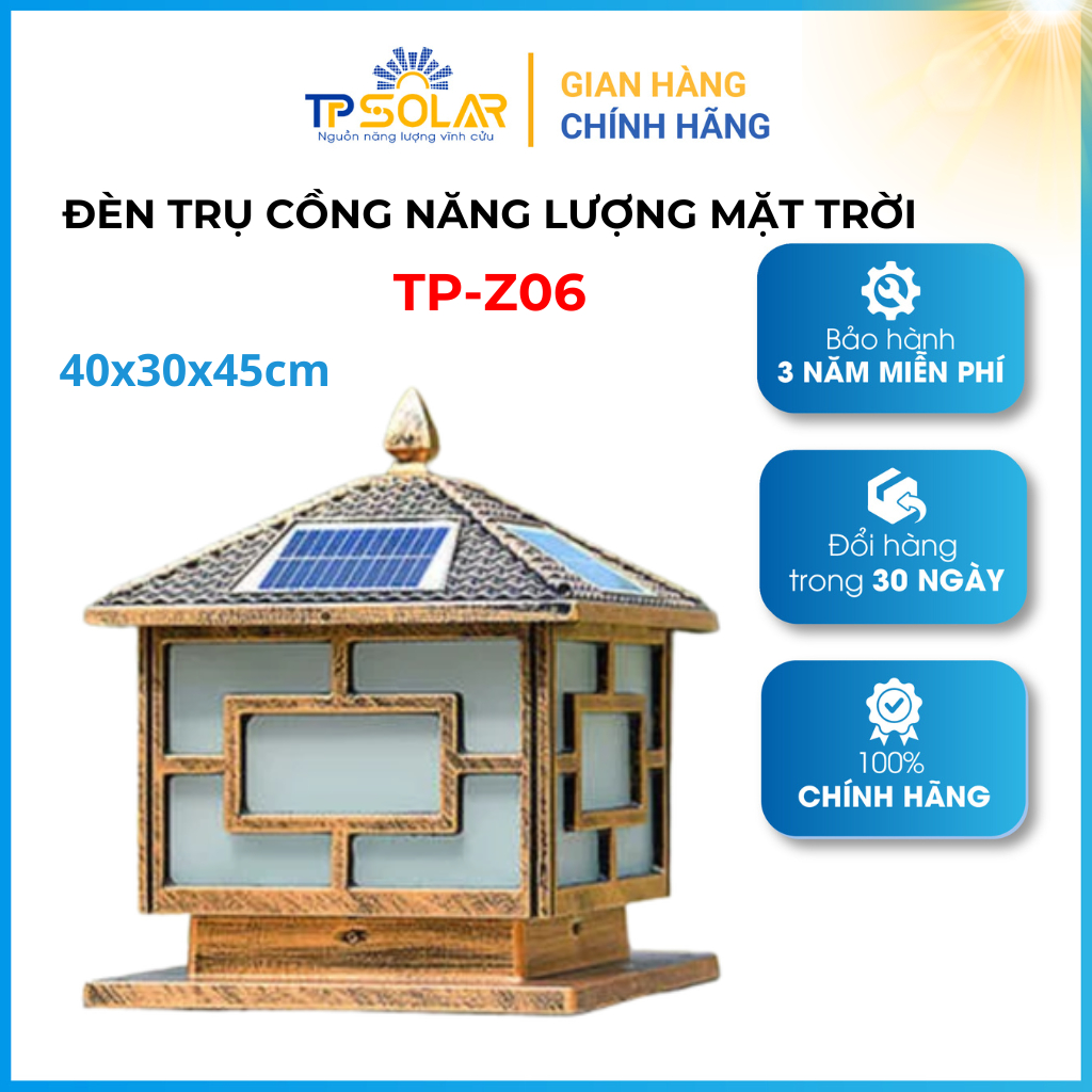 Đèn Trụ Cổng Vuông Có Mái Năng Lượng Mặt Trời TP Solar TP-Z06 40x40x45cm Thiết Kế Sang Trọng, Chống Nước