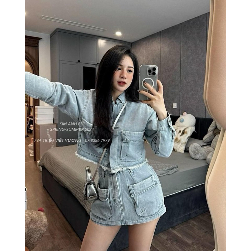 Set áo sơ mi bò mix quần giả váy nữ
