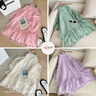 Váy tơ babydoll 2 tầng khoét vai xoè, Đầm xoè khoét vai xếp tầng tơ, Váy tơ tầng cổ yếm tay bồng hàng 2 lớp