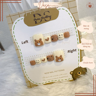 Móng chân giả NGẮN màu trắng vẽ gấu nâu nail box cho chân thiết kế GIÁ RẺ  thích hợp đi chơi tặng keo dán móng