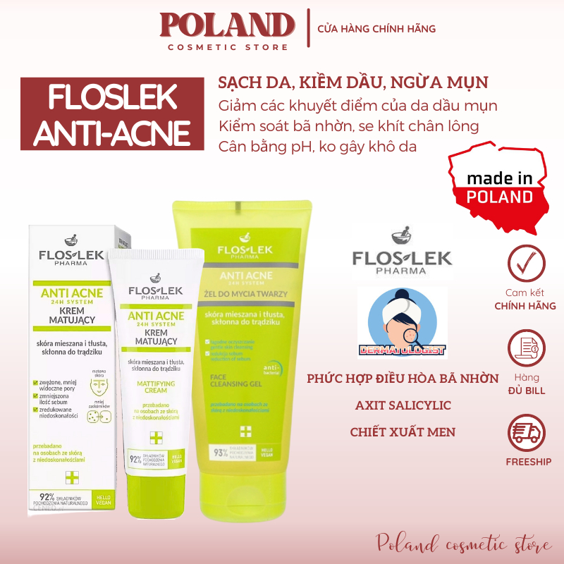 Floslek Anti Acne - Sữa rửa mặt cho da nhờn mụn Floslek kiểm soát dầu và điều tiết nhờn