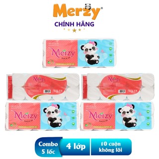 Combo 5 lốc giấy vệ sinh merzy 10 cuộn, giấy lụa 4 lớp mềm mại - 1.5kg, siêu nhiều giấy, siêu tiết kiệm