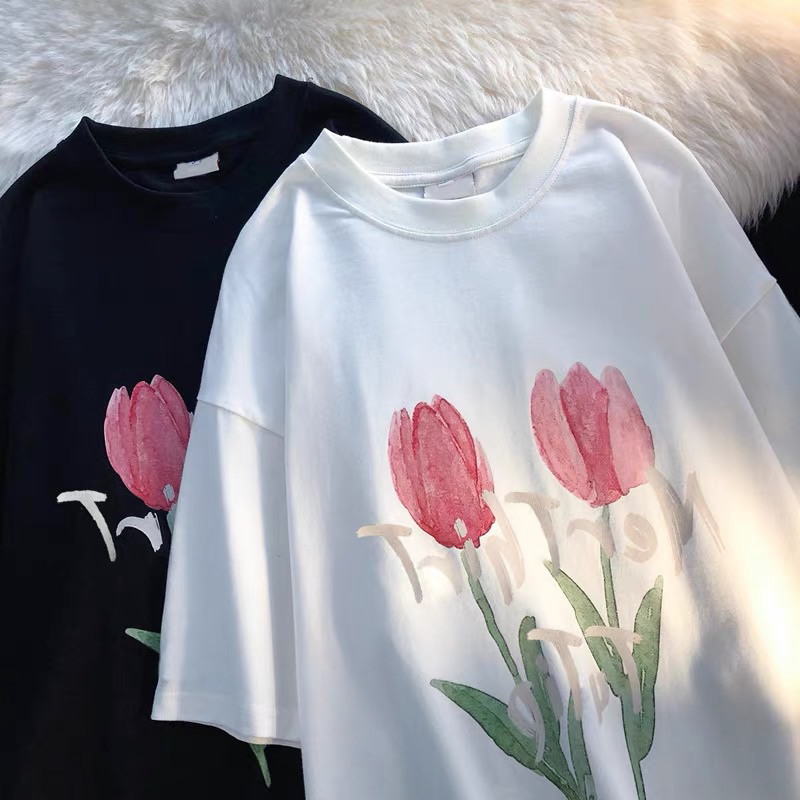 áo phông ngắn tay hoa tulip áo thun tay lỡ tuy luýp cho nữ