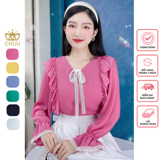 Áo sơ mi công sở nữ cổ tròn bèo vai nơ ren chuu a9485
