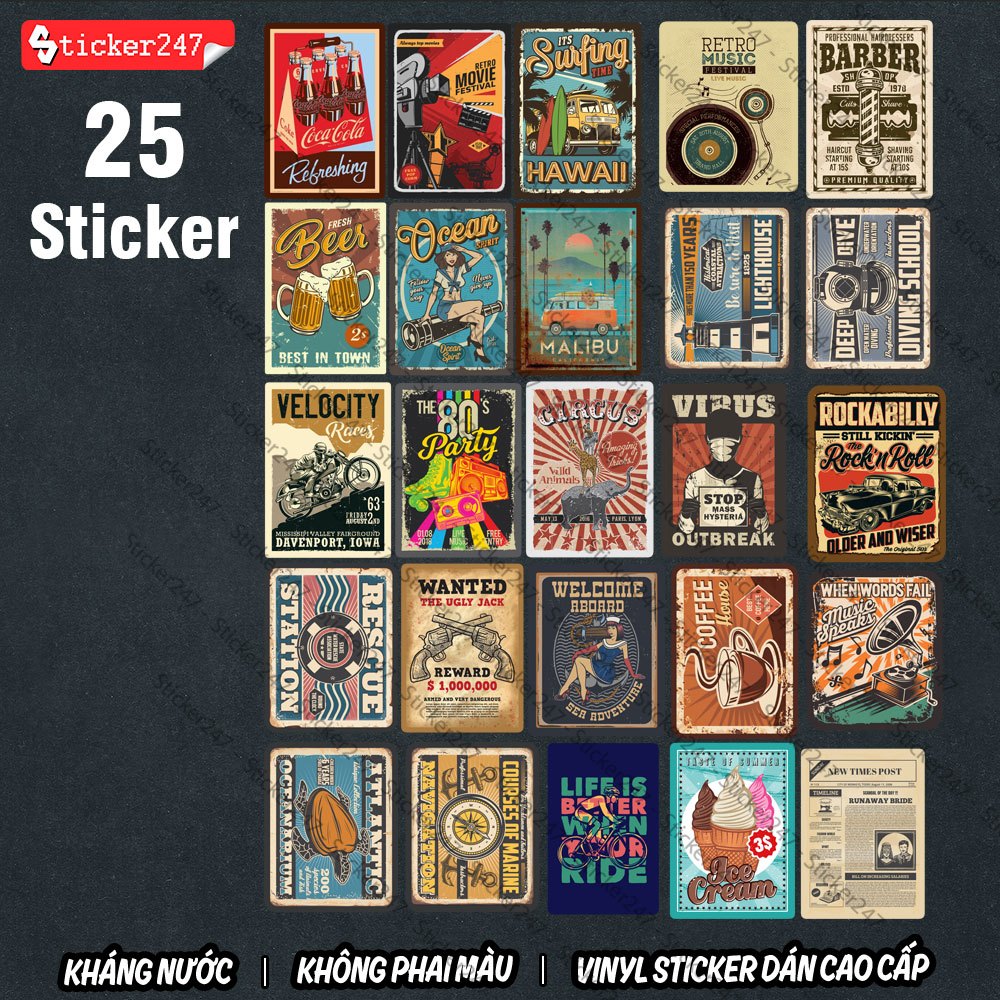 Sticker Vintage Retro Cổ Điển 🌈𝑭𝒓𝒆𝒆𝒔𝒉𝒊𝒑  Sticker dán mũ bảo hiểm chống nước, sticker dán laptop, ipad, đàn guitar, vali