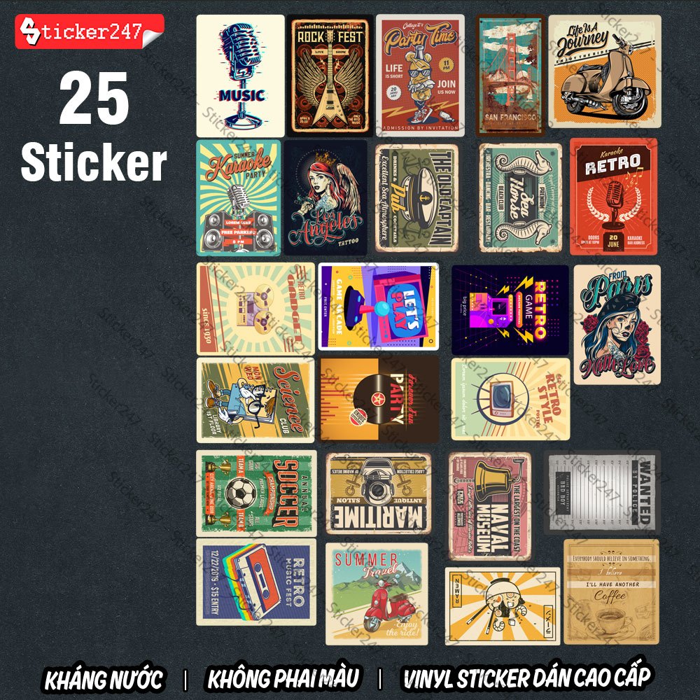 Sticker Vintage Retro Cổ Điển 🌈𝑭𝒓𝒆𝒆𝒔𝒉𝒊𝒑  Sticker dán mũ bảo hiểm chống nước, sticker dán laptop, ipad, đàn guitar, vali