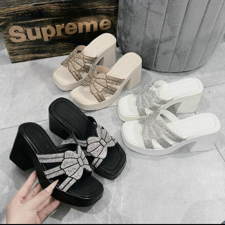 Dép xuồng nữ PU siêu nhẹ 9cm Ngọc Trinh Store quai soàn nơ đính đá xinh xắn. KM098