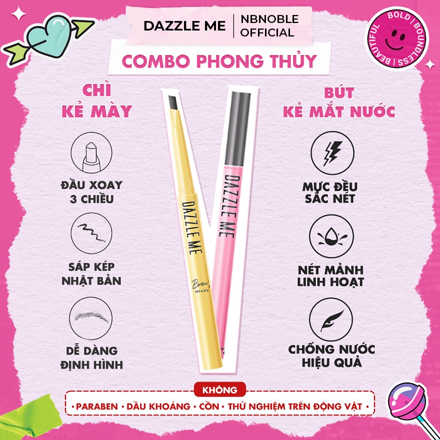 Combo Phong Thủy DAZZLE ME Chì Kẻ Mày 2 Đầu Bền Màu + Eyeliner Chống Nước Combo Brown Likey Waterpro