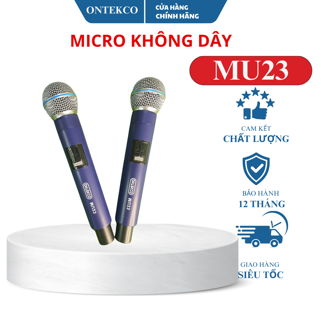 Bộ micro karaoke ONTEKCO không dây MU23 cao cấp, hiển thị tần số, chống hú chống rít chuyên dùng cho loa kéo, amply